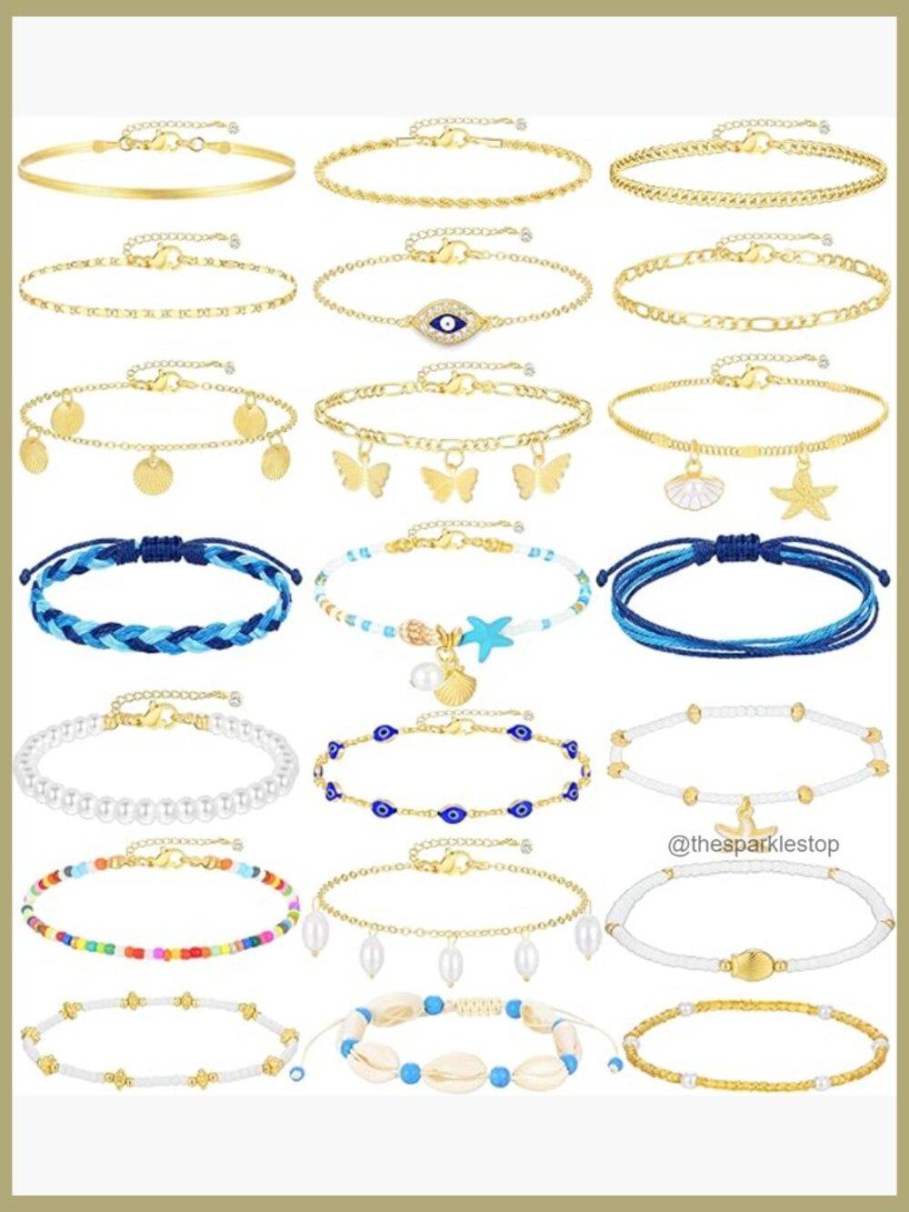 21PCS Gold Ankle Bracelets Set for Women, Boho Shell Bead Cuban Link Chain
